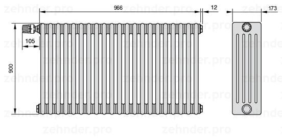 Схема (чертеж) Радиатор Zehnder Charleston 5090/21 №V011 Белый глянцевый RAL 9016